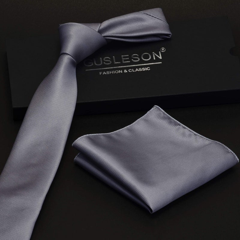GUSLESON 2.4" Solid Silver Tie For Men Dark Gray Slim Skinny Necktie and Pocket Square Set (0754-05) - Image 3